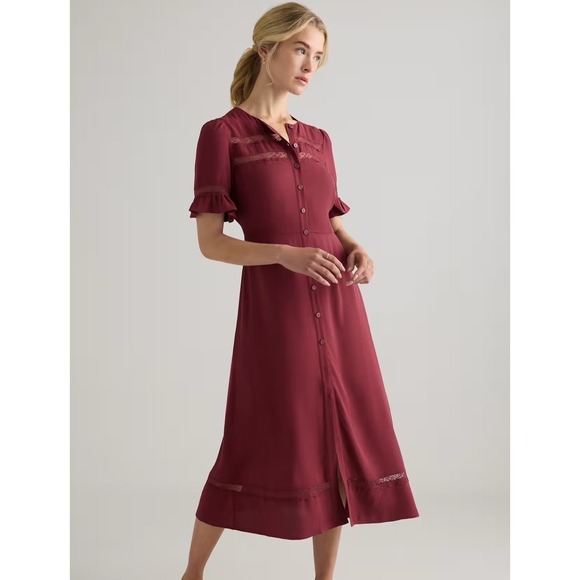 Quince Dresses & Skirts - Quince Lightweight Crepe Lace Inset Midi Dress Maroon Medium New With Tags